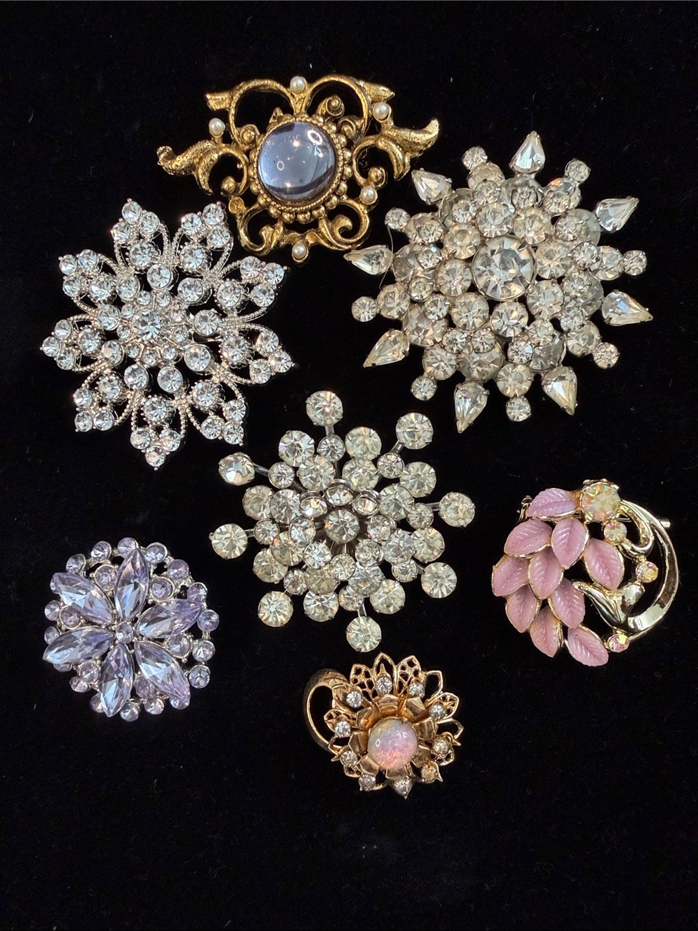 Assorted MCM Vintage Crystal and Pink Enamel Floral Brooch Set